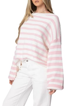 Pretty pinky stripes encircle a roomy sweater knit from soft cotton and ready to kick it with your weekend plans. Crewneck Long sleeves Ribbed cuffs and hem 100% cotton Machine wash, dry flat Imported Cozy Oversized Sweaters, Oversized Striped Sweater, Sweater Oversize, Sweater Oversized, Denim Sweater, Cute Sweaters, Low Iron, Oversized Sweater, Sweaters Oversized