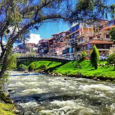 a river running through a lush green hillside next to tall buildings with balconies on them