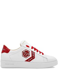 white/bright red calf leather colour-block panelled design round toe appliqué logo stud embellishment logo-print tongue contrasting branded heel counter padded ankle branded leather insole leather lining flat rubber sole front lace-up fastening Philipp Plein Sneakers, Philipp Plein, Latest Sneakers, White Shoes, Sneakers White, Sneakers Black, Mens Shoes Sneakers, Lace Front, Calf Leather