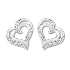 These wonderful heart earrings for her are accented with twinkling round diamonds. The sterling silver earrings secure with friction backs. Fine Jewelry Double Heart Earrings With Diamond Accents, Silver Heart-shaped Diamond Earrings For Anniversary, Classic Heart Earrings With Diamond Accents For Anniversary, Heart-shaped Diamond Earrings With Accents For Anniversary, Silver Heart Earrings With Diamond Accents For Anniversary, Silver Diamond Earrings For Anniversary On Valentine's Day, Anniversary Double Heart Earrings With Diamond Accents, Silver Heart Cut Diamond Earrings With Accents, Silver Open Heart Cubic Zirconia Earrings