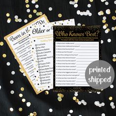 a black and gold bridal party game with confetti