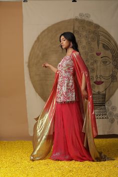 Featuring Fushia pink contemporary set with palazzo and short kurta. Comes with ombre cape. Fabric : GEORGETTE RUSTY RED Color FIT FITTED Lining Material crepe 15 days Delivery 3 Components Pink Georgette Sets With Cutdana, Celebration Palazzo Set With Sheer Dupatta, Palazzo Set With Dupatta For Celebration, Pink Palazzo Set With Sheer Dupatta For Navratri, Fusion Style Sets With Dupatta For Navratri, Fusion Sets With Dupatta For Navratri, Navratri Fusion Sets With Dupatta, Pink Georgette Palazzo Set For Navratri, Diwali Celebration Palazzo Set With Sheer Dupatta