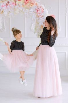 Mother Daughter Matching Dress, Blush Black Dress, Mommy and Me Outfit Mother daughter matching maxi lace tutu dresses in black and blush color. Mommy and Me matching outfits can be ordered in different colors. Mommy`s dress is maxi tutu dress with long sleeves, and daughters dress is floor length tutu with long lace sleeves. Color and fabric: cotton lace and cotton lining, tulle Length of the dresses can be made as you wish. Additional cost may be applied For better fit you can leave in the not Mom And Daughter Frocks, Mummy And Daughter Same Dress, Formal Gown Photoshoot, Mother And Daughter Dresses Indian, Gown Photoshoot, Mommy And Me Matching Outfits, Tulle Outfit, Dresses In Black, Casual Gowns