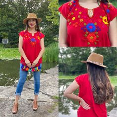 This Beautiful Floral Hand Embroidered Blouse is the perfect Top for Everyday use or a special event. This blouse is hand embroidered by Mexican Artisans and is completely one of a kind! This blouse comes in one size which fits sizes Small and Medium. More Colors Available here: https://www.etsy.com/es/listing/834786779/blusa-floral-bordado-a-mano-blusa-floral?ref=listing_published_alert Traditional Embroidered V-neck Peasant Top, Bohemian V-neck Embroidered Top, Floral Embroidered Tunic Top For Festival, Bohemian Multicolor Embroidered V-neck Top, Bohemian V-neck Blouse With Multicolor Embroidery, Red Bohemian Embroidered V-neck Top, Bohemian Embroidered Top With Embroidered Border For Festivals, Bohemian Tops With Geometric Embroidery For Beach, Bohemian Embroidered Top With Geometric Design For Vacation