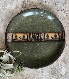 a green plate with trees painted on it next to some air plants and an air plant