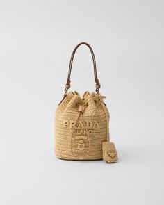 Natural Crochet And Leather Mini-bucket Bag | PRADA Prada Bucket Bag, Bag For Makeup, Prada Mini, Prada Triangle, Triangle Bag, Mini Mochila, Straw Tote Bag, Mini Bucket Bags, Crochet Clutch