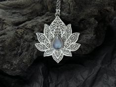 Lotus Necklace Water Lily Necklace Silver Lotus Necklace Engraved Moonstone Pendant Necklace, Spiritual Carved Sterling Silver Jewelry, Spiritual Engraved Moonstone Necklaces, Spiritual Engraved Moonstone Necklace, Engraved Moonstone Necklace For Spiritual Style, Bohemian Sterling Silver Engraved Necklaces, Intricate Moonstone Jewelry As A Gift, Intricate Moonstone Jewelry For Gift, Symbolic Moonstone Jewelry As A Gift