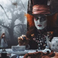 a woman with red hair wearing a top hat and holding a teapot