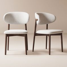 two white chairs sitting next to each other on top of a beige floor covered ground