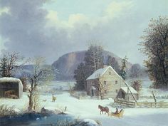 a painting of a winter scene with horses and sleigh