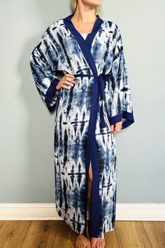 Beautiful, vintage / Boho style sustainable Cotton kimono, long sleeves and tie belt. Beautifuly soft cotton, comfy and roomy to wear.  Lightweight with tye die  print. machine washable Free Size fits U.K. 8 to 16 Boho style Cotton dressing gown, kimono robe. Great to wear around the house or to dress up with some jeans & a T shirt to go out.  A luxurious birthday or Christmas gift idea. We can pop it in the post with a personal message to a friend.  We have a full range of different colours and designs to suit everyone.  machine washable Spring Long Robe For Home, Long Spring Robe For Home, Daywear Long Sleeve Kimono With Tie Waist, Long Sleeve Summer Lounging Robe, Long Sleeve Summer Robe For Lounging, Long Sleeve Summer Robe For Home, Summer Long Sleeve Home Robe, Spring Long Sleeve Sleepwear With Tie Waist, Long Sleeve Tie Waist Sleepwear For Spring