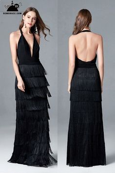 Fitted V-neck Party Gown, Fitted Evening Dress For Party Season, Fitted Evening Dress For Holiday Night Out, Spring Formal Backless Evening Dress, Black Spring Gala Gown, Fitted Black Floor-length Dress, Black Gown For Spring Gala, Black Fitted Floor-length Dress, Chic Fitted Holiday Evening Dress