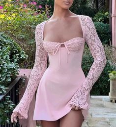 Free shipping + 10% off 💞 Feminine Long Sleeve Mini Dress With Fitted Bodice, Pink Mini Dress With Fitted Bodice, Pink Fitted Bodice Mini Dress, Chic Pink Mini Dress For Evening, Pink Square Neck Evening Dress, Pink Mini Dress With Fitted Bodice For Date Night, Chic Lace Mini Dress With Square Neck, Chic Pink Bodycon Mini Dress, Pink Lace Mini Dress For Party