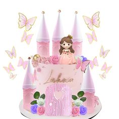 there is a pink cake with a princess on it and butterflies flying around the cake