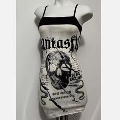 Nwot Sexy Fantastic Punk Rock Skull White Black Straps Mini Dress Size Xs Condition: New Gothic White Mini Dress For Parties, White Gothic Mini Dress For Party, White Fitted Gothic Mini Dress, Emo Mini Dress For Halloween, Fitted Grunge Mini Dress For Halloween, Grunge Fitted Sleeveless Dress, Fitted Sleeveless Grunge Dress, Black Grunge Mini Dress For Halloween, Punk Style Summer Mini Dress For Club