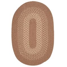 the oval rug is shown in brown and beige colors, with an oval shape on top