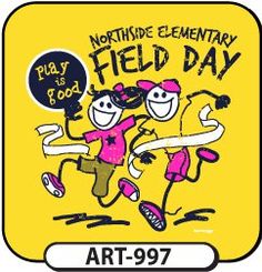 the logo for northside elementary field day, featuring two kids running and holding balloons