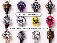 Hand-Painted Key Necklaces by Donna Radcliffe #cat #art #jewelry Key Necklaces, Cat Key, Key Necklace, Glass Eyes, Leopards, Cat Stuff, Art Jewelry