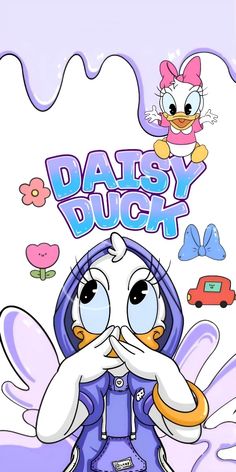 a cartoon character with the words daisy duck on it's face and an image of a