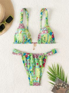 Women's Colorful Retro Print Simple Everyday Bikini Set Summer Beach, Bathing Suit Multicolor Boho   Swimsuit Fabric Plants,All Over Print  High Stretch  Women Clothing, size features are:Bust: ,Length: ,Sleeve Length: Bohemian Summer Tankini For Pool, Bohemian Tankini For Pool In Summer, Green Printed Tankini For Pool, Bohemian Printed Tankini For Beach Season, Bohemian Tankini For Summer Festivals, Bohemian Multicolor Tankini For Vacation, Bohemian Summer Festival Tankini, Bohemian Style Summer Festival Tankini, Green Printed Tankini For Beachwear