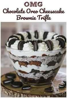 chocolate oreo cheesecake brownie trifle in a glass bowl