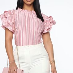 Fashion Nova Ruffle Sleeved Top Size Small Never Worn, Tag Not Attached Spring Party Striped Blouse, Trendy Pink Blouse With Ruffles, Fitted Striped Blouse With Ruffles, Trendy Striped Tops With Ruffles, Feminine Striped Blouse For Spring, Fashion Nova Tops, Ruffled Sleeve Top, Satin Top, Fashion Nova