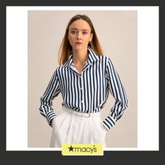 in stock White Horizontal Stripe Top For Work, Elegant White Tops With Vertical Stripes, White Elegant Top With Contrast Stripes, Elegant White Top With Contrast Stripes, Classic Striped Blouse With Relaxed Fit, Elegant Blue Tops With Striped Collar, White Collared Tops With Vertical Stripes, Striped Relaxed Fit Tops For Office, Striped Tops With Relaxed Fit For Office