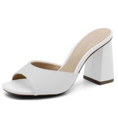 * White * Synthetic Upper * Synthetic Sole * Round Toe * Block Heel * Approx. 3.5-Inch Heel * Runs Half A Size Small * Made In Brazil White Closed Toe Mules With 4-inch Heel, Elegant White Mules With 4-inch Heel, White Pointed Toe Mules With Contrasting Heel Counter, White Pointed Toe Mules With Contrasting Heel, White Mules With Contrasting Heel Counter And Closed Toe, White Mules With Contrasting Heel And Closed Toe, White Closed Toe Mules With Contrasting Heel, White Round Toe Block Heels For Spring, White Sandals With Block Heel And Deep Heel Cup