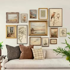 a living room filled with lots of framed pictures on the wall next to a couch