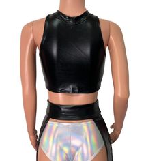 High-neck cutout crop top with sexy keyhole front. This top fits men or women for a unisex rave style. Made of 4-way stretch spandex. We can make this top in any of our 60+ fabrics if you request it in the personalization box! Please refer to the Women's size chart with your chest/bust measurement for sizing. High Stretch Cropped Top For Club, Fitted Futuristic Black Top, Futuristic Fitted Black Top, Edgy Stretch Crop Top, Edgy High Stretch Crop Top For Night Out, Edgy High-stretch Crop Top For Night Out, Black Rave Crop Top, Y2k Stretch Halter Top For Club, Edgy Fitted Halter Crop Top