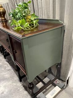 a plant is sitting on top of a green cabinet