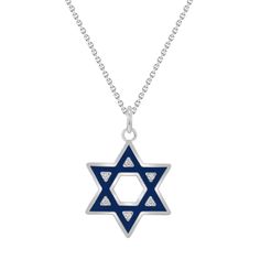 Love innovation? Looking for the new trend? We've taken fine jewelry and combined in with the art of enamel to produce eye popping pieces, adding much needed flavor to the traditional ways of jewelry. What are you waiting for? Differentiate yourself with this one of kind Star of David with CZ stones and Blue Enamel! Metal: 925 Sterling Silver Pendant Size: Large: Height - 25.1 mm | Width - 17.1 mm Small: Height - 15.5 mm | Width - 11.2 mm Enamel Color: Blue Stone Information Pieces | Total Carat Weight (TCW): Large Pendant: 6 1mm Cubic Zirconia (CZ) | TCW: .06 cts Small Pendant: 6 0.9mm Cubic Zirconia (CZ) | TCW: .05 cts Chain Information Type: Rolo Chain Weight: 1 g Clasp: Spring Ring All Pome Jewelry is Manufactured in the USA. This ensures the highest level of craftsmanship and exquisit Blue Enamel Pendant Jewelry, White Gold Star Of David Polished Jewelry, White Gold Star Of David Jewelry With Polished Finish, Blue Symbolic Nickel-free Jewelry, Symbolic Blue Nickel-free Jewelry, Sterling Silver Star Of David Charms Jewelry, Star Of David Jewelry Polished Finish For Anniversary, Star Of David Polished Jewelry For Anniversary, Blue Enamel Necklace With Polished Finish