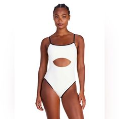 New With Tags! The Kate Spade Cut Out One Piece Swimsuit Takes A Simple Silhouette And Adds Contrasting Trim And A Flattering Cut Out In The Front And Back With A Tie Bow For A Stylish Swimsuit Statement. Product Details Scoop Neck Adjustable Shoulder Straps Cutout Midriff Cutout Back With Self-Tie Closure Removable Soft Cups High-Cut Legs Full Bottom Coverage Contrast Trim Lined Imported Size L (Might Fit Smaller, So If You’re Size M, This Will Fit You Really Good Too) Color Feels More Milky Th White Sleeveless Cutout Bodysuit, White Cutout Fitted Bodysuit, Fitted White Cutout Bodysuit, White Cutout One-piece Bodysuit, Chic White One-piece Swimwear, White Cutout Bodysuit For Beachwear, Chic White Bodysuit For Pool, Chic White Bodysuit For The Pool, White Cutout Bodysuit