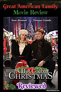 a hot cocoa christmas movie poster with a man and woman sitting on a park bench