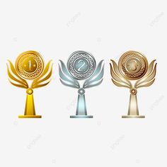 three golden, silver and bronze trophies on white background