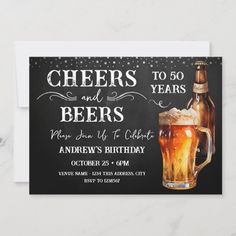 cheers to 50 years and beers birthday party card with chalkboard design on the front