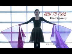 a woman holding two purple flags in front of a window with the words how to flay, the figure 8