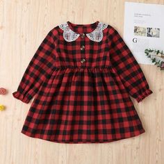 Girls Plaid Hollow Out Doll Collar Long Sleeve Dress Wholesale - PrettyKid Cute Winter Dress With Doll Collar, Cute Doll Collar Winter Dress, Plaid Cotton Dress For Winter, Cute Plaid Dresses For School, Long Sleeve Cotton School Dress, Long Sleeve Ruffled Dress For School, Cute Winter Dress For School, Cute Dress With Doll Collar For Dress-up, Cute Winter Dress-up Dresses