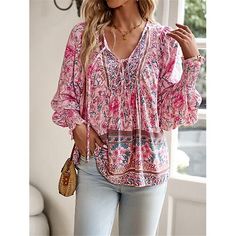 Season:Summer; Fabric:Polyester; Sleeve Length:Long Sleeve; Look After Me:Machine wash,Washable,Wet and Dry Cleaning; Gender:Women's; Style:Casual,Boho; Elasticity:Micro-elastic; Tops Type:Blouse,Shirt; Occasion:Vacation,Beach; Top Length:Regular Tops; Fit Type:Regular Fit; Pattern:Floral; Design:Lace up,Print; Neckline:V Neck; Front page:FF; Listing Date:04/24/2024; Production mode:External procurement; Bust:; Length:; Sleeve:; Fit US Size:; Fit UK Size:; Fit EU Size: Printed Non-stretch Tops For Vacation, Non-stretch Printed Tops For Vacation, Casual Boho Print Blouse For Vacation, Non-stretch V-neck Blouse For The Beach, Casual Beach Blouse With Boho Print, Casual Boho Print Blouse For Beach, Floral Print Non-stretch Top For Vacation, Non-stretch Floral Print Tops For Vacation, Casual Pink Blouse For Beach Season