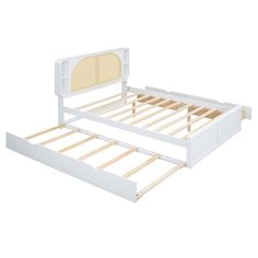 a white bed frame with wooden slats and headboard on the bottom side, in front of a white background