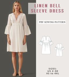 the linen bell sleeve dress sewing pattern is available in sizes xs - 3xl