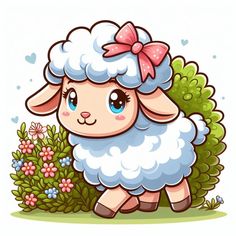 a cartoon sheep with a pink bow standing in front of some bushes and flowers on a white background