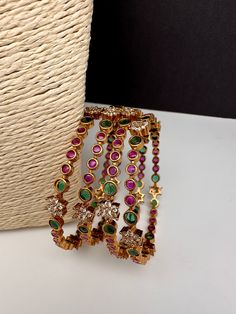 Matte Red GreenStone Multi Color Bangles-Set of 4 Antique Necklace Victorian, Traditional Bangles, Indian Bangles, Real Pearl Necklace, Bangles Indian, Traditional Earrings, Green Stones, Stone Bangle, Color Stones