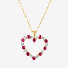 Features: Adjustable Chain, Quick ShipDiamond Clarity: I2Jewelry Closure: Spring Ring ClaspSetting: ProngShape: HeartStone Cut: RoundStone Millimeter Measurement: 2.25 Mm LengthDiamond Color: IMetal Color: YellowChain Length: 18 InchExtender Length: 2 InchPendant Length: 15mmPendant Width: 15mmRounded Carat Weight: Less Than 1/10 Ct.t.wChain Construction: BoxCare: Wipe CleanStone Type: 4 Lab Grown Diamond, 10 Lab Created RubyAuthenticity: Lab Created StoneBirthstone: July BirthstoneMetal: 10k Go Heart-shaped Ruby Jewelry With Prong Setting, Heart Shaped Ruby Jewelry With Prong Setting, Fine Jewelry Necklace With Prong Setting For Valentine's Day, Red Diamond Heart Pendant Jewelry, Heart-shaped Ruby Necklace In Yellow Gold, Red Heart-shaped Diamond Necklace, Red Heart Cut Diamond Necklace, Red Round Heart Necklace For Valentine's Day, Red Heart-shaped Necklace For Valentine's Day