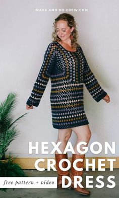 a woman standing in front of a white wall with text overlay that reads hexagon crochet dress free pattern and video