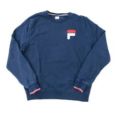 Fila Crewneck Sweatshirt Mens Large Blue Embroidered Logo Pullover Missing Size Tag-Measures Large  Great preowned condition-Faint discoloration on front Armpit to armpit- 23 in Collar to bottom- 27.5 in Underarm to cuff- 21 in Size Tag, Mens Sweatshirts, Crewneck Sweatshirt, Crew Neck Sweatshirt, Cuff, Crew Neck, Collar, ? Logo, Sweatshirts