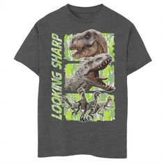 a gray t - shirt with an image of dinosaurs on the front and green background