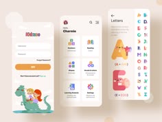 three mobile app screens showing different types of children's letters and numbers on them