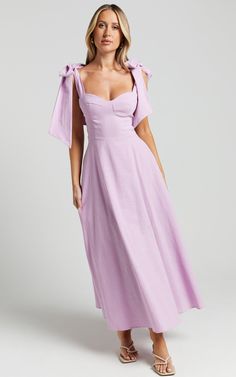 Tymia Midi Dress - Shoulder Tie Bustier Shirred Back A Line in Lavender Lavender Dress Casual, Purple Flowy Dress, Light Purple Bridesmaid Dresses, Lavender Midi Dress, Casual Bridesmaid Dresses, Purple Silk Dress, Lavender Bridesmaid, Lilac Bridesmaid Dresses, Purple Bridesmaid Dresses