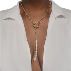 Freshwater Pearl Lariat Necklace Love this authentic Freshwater pearl lariat necklace! Also made with gold stainless steel link. The end is a large baroque pearl. I love the elegance of this necklace. Pair it perfectly with a v neck or collar shirt ! It will definitely standout. Love on this pearl necklace! L Signature, Pearl Lariat Necklace, Pearl Lariat, Semiprecious Stone Jewelry, Precious Gemstones Jewelry, Mens Jewelry Necklace, Necklace Love, Tassel Jewelry, Lariat Necklace